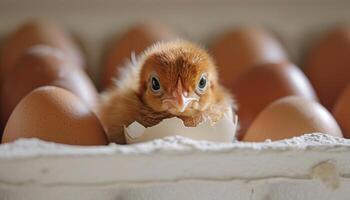 AI generated Cute chick hatches from egg on tray a delightful moment captured in this adorable image of new life emerging, baby animals picture photo