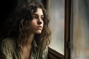 AI generated A young woman gaze out a window on a rainy day, public transport city picture photo