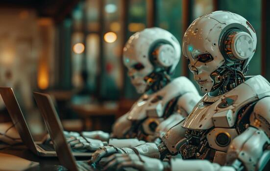 AI generated Robotic humans on desk using laptop for work and communication photo