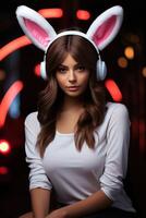 AI generated Woman wearing bunny ears poses in blurred backgronud, easter fashion picture photo