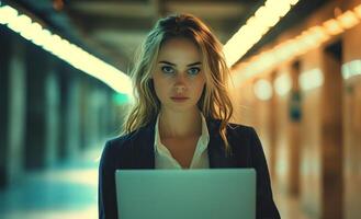 AI generated Businesswoman holds laptop in hands, responsibility picture photo