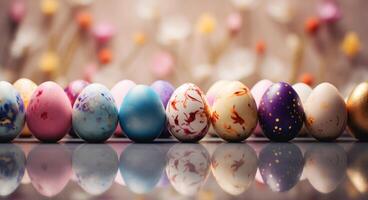 AI generated Bright easter eggs on a table vibrant colors create a festive scene on a sunny background, easter traditions picture photo