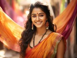 AI generated Beautiful indian girl in earrings posing smiling in traditional sari for a charming photo session, gudi padwa traditional clothing picture