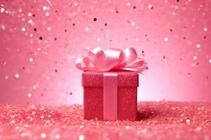 ai generado rosado regalo caja con un arco en festivo reluciente bokeh rosado antecedentes foto