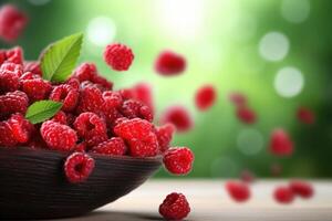 AI generated Fresh juicy raspberry on summer green grass background. Diet, healthy nutrition concept. photo