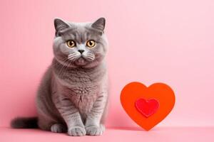 AI generated Portrait of a cute little domestic cat on a pink background with red love heart. photo