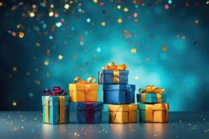 AI generated Many colorful gift boxes on festive blue background photo