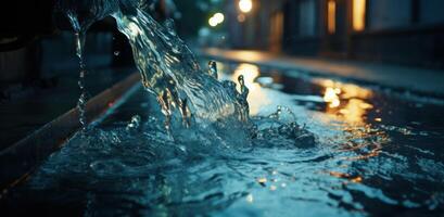 AI generated Water flowing from tap into street in the evening, water in industry image photo
