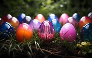 AI generated Colorful easter eggs placed at the end of grass covered with more colored eggs, easter egg hunt picture photo