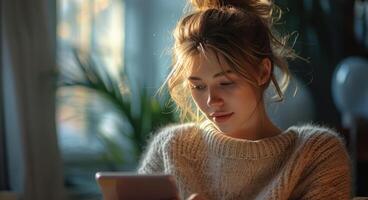 AI generated Woman at desk with tablet and smartphone, accountability photo