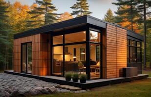 AI generated Small house featuring sleek black metal siding creating a modern and stylish exterior look, tiny homes picture photo