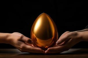 AI generated Two hands holding a golden egg, financial responsibility image photo