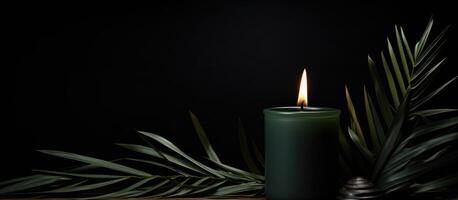 AI generated Aesthetic black candle paired with a palm branch on a dark background, palm sunday decorations concept photo