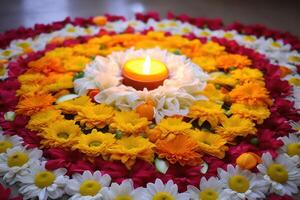 ai generado tradicional marathi pookalam adorna el festivo celebracion con vibrante floral patrones durante un jubiloso marathi festival, foto