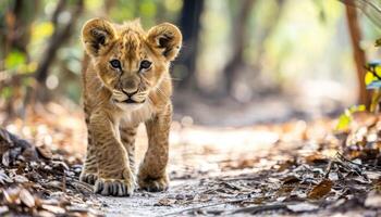 ai generado linda bebé león con confianza paseos mediante el lozano bosque, bebé animales imagen foto