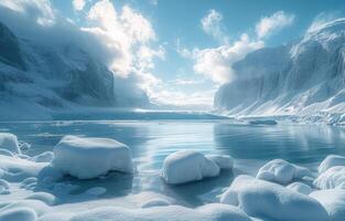 ai generado expansivo glacial sábana con hielo glaciares y imponente montañas, glaciares y icebergs imagen foto