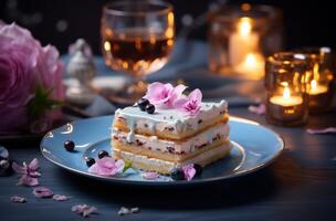 AI generated Easter desserts adorned with blue flowers and a candle on a plate, palm sunday meals photo