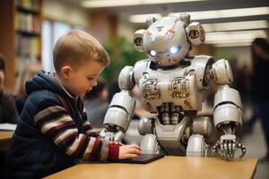 AI generated Robot in classroom assisting students with learning technology education artificial intelligence teaching in school, robotic technology photo