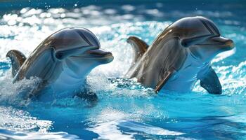 ai generado dos delfines graciosamente nadar en claro azul agua, submarino marina vida imagen foto