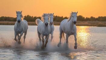 AI generated Majestic white horses from camargue region galloping through water at the enchanting sunset, horses picture photo