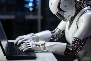 ai generado robótico manos mecanografía en un blanco superficie simulando teclado entrada con precisión y eficiencia, robótico tecnología foto