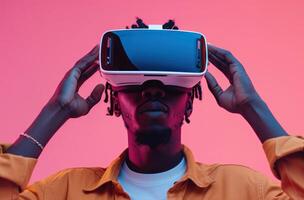 AI generated Young man holds VR headset on pink background photo