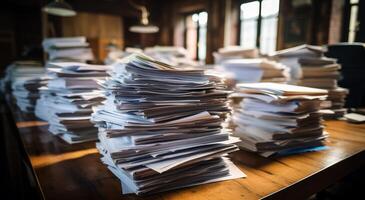 AI generated Neat stack of documents on desk, education paperwork image photo