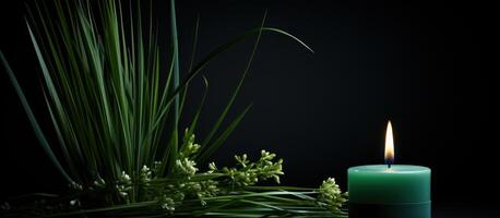 AI generated Green grass surrounds a candle and candlestick in front of a dark background, palm sunday decorations photo