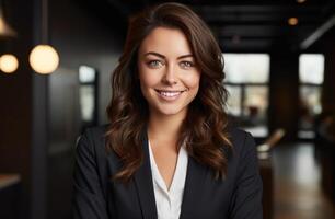 AI generated Smiling woman stands confidently with arms folded against a blurry background, financial responsibility image photo