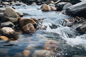 AI generated Clear river water gracefully flows over smooth and small rocks, water conservation picture photo