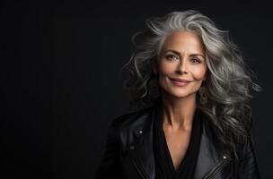 AI generated Gray haired woman posing on grey background, neurodiversity acceptance picture photo