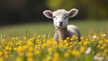 ai generado linda Cordero felizmente pasto en un soleado campo rodeado por vibrante botones de oro, bebé animales imagen foto