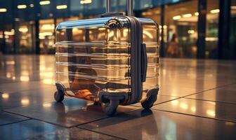 AI generated Suitcase sits on airport floor, public transport city picture photo