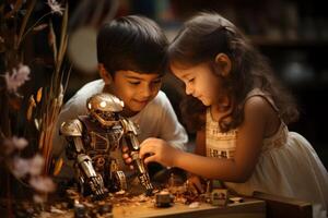 AI generated Two children play with toys operating a robot on the floor, robotic technology photo