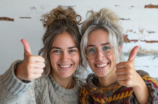 ai generado dos mujer felizmente dando pulgares arriba a el cámara expresando alegría y aprobación con positivo vibraciones y alegre energía, aceptación imagen foto