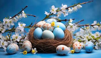 AI generated Beautiful spring willow bouquet adorned with colorful easter eggs, palm sunday greetings concept photo