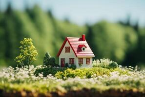 AI generated Tiny toy house resting on lush green grass during a sunny summer day, tiny homes picture photo