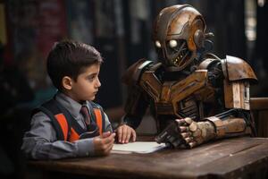 AI generated Robot standing near school desk with kid holding notebook, robotic technology photo