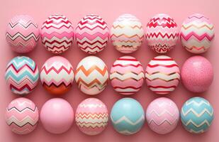 AI generated Vibrant easter eggs beautifully painted set against a lively pink backdrop, easter symbols photo