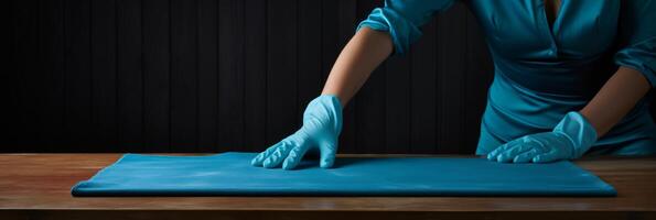 AI generated Woman in blue gloves cleaning wooden boards diligently at home, decluttered interiors image photo