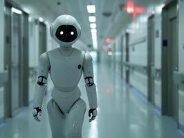 AI generated White eyed robot strolling through hospital corridor photo