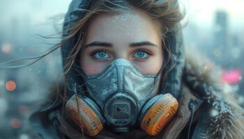 AI generated Young girl wearing a protective mask promoting safety and hygiene in the face of health challenges, air pollution and smog picture photo