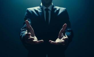 AI generated Businessman with open hands on dark blue background, brand launch image photo