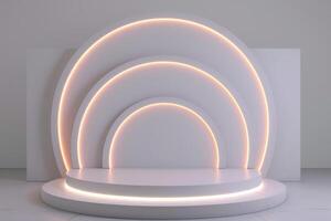 AI generated Neon lights glowing on a white wooden stand model creating a vibrant and captivating display, brand positioning picture photo