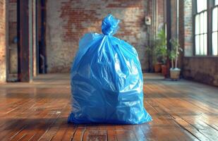 ai generado azul el plastico bolso de basura se sienta en de madera piso, compostaje y residuos reducción imagen foto