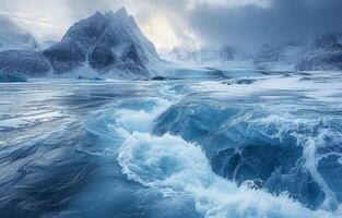 AI generated Massive ice glaciers cover a vast glacial sheet surrounded by towering mountains in a stunning frozen landscape, glaciers and icebergs image photo