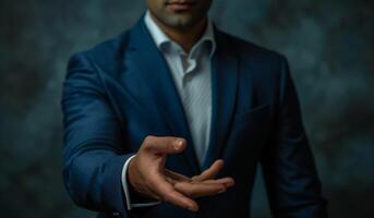 AI generated Businessman displaying his hand confidently in a simple gesture, brand launch picture photo