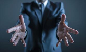 AI generated Businessman displaying palms to the camera, brand launch picture photo