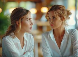 AI generated Two women both in white shirts engaged in conversation and collaboration during a business meeting, responsibility photo