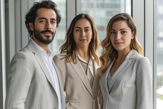 AI generated A trio of professionals stands by a window, responsibility photo